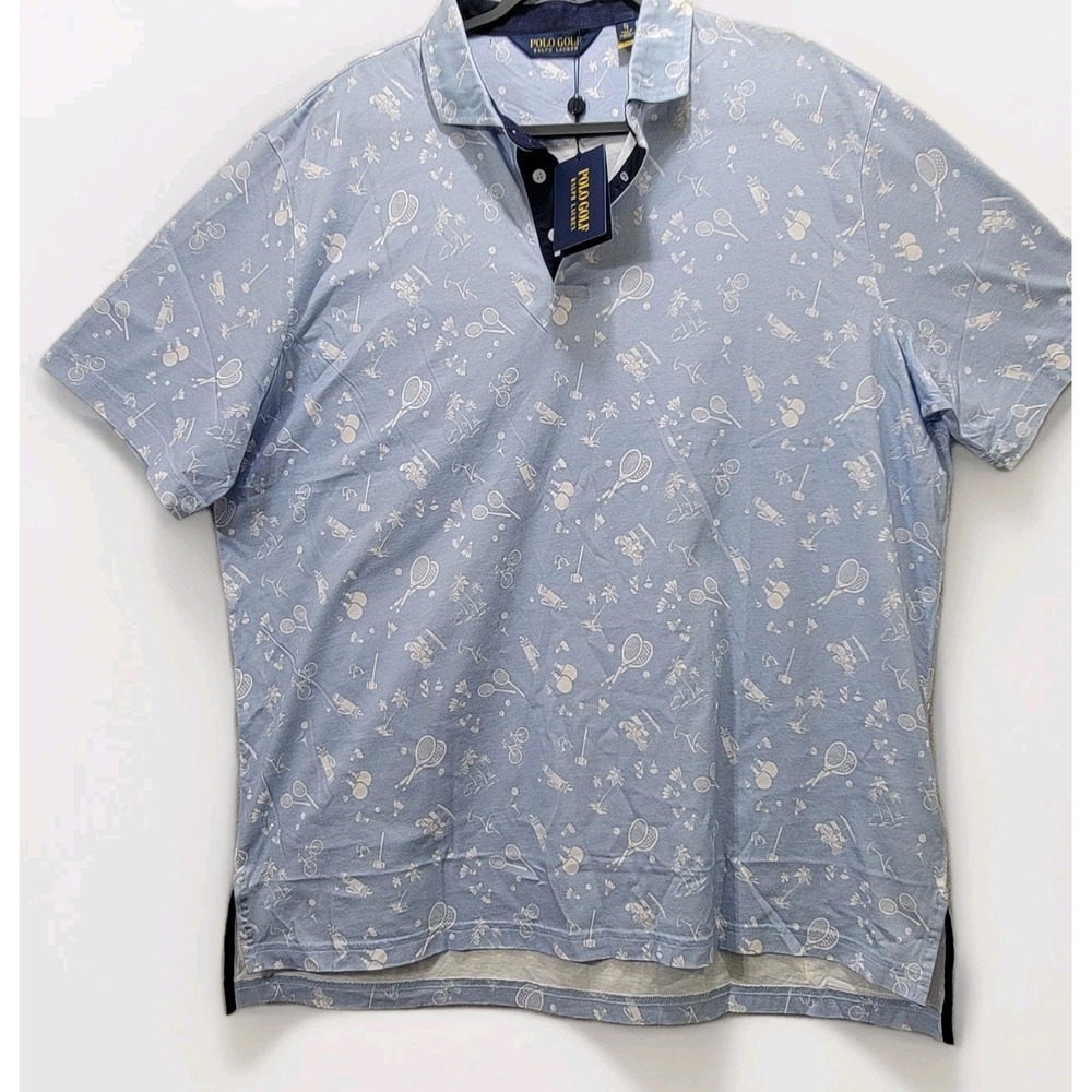 NWT! Polo Golf Ralph Lauren Mens Polo Shirt XL Blue Tennis Golf All Over Print**